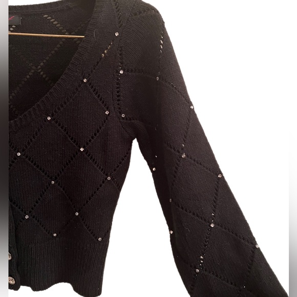 Betsey Johnson Medium Cropped Black Knit w/ White Rhinestones Cardigan Sweater - Picture 3 of 5